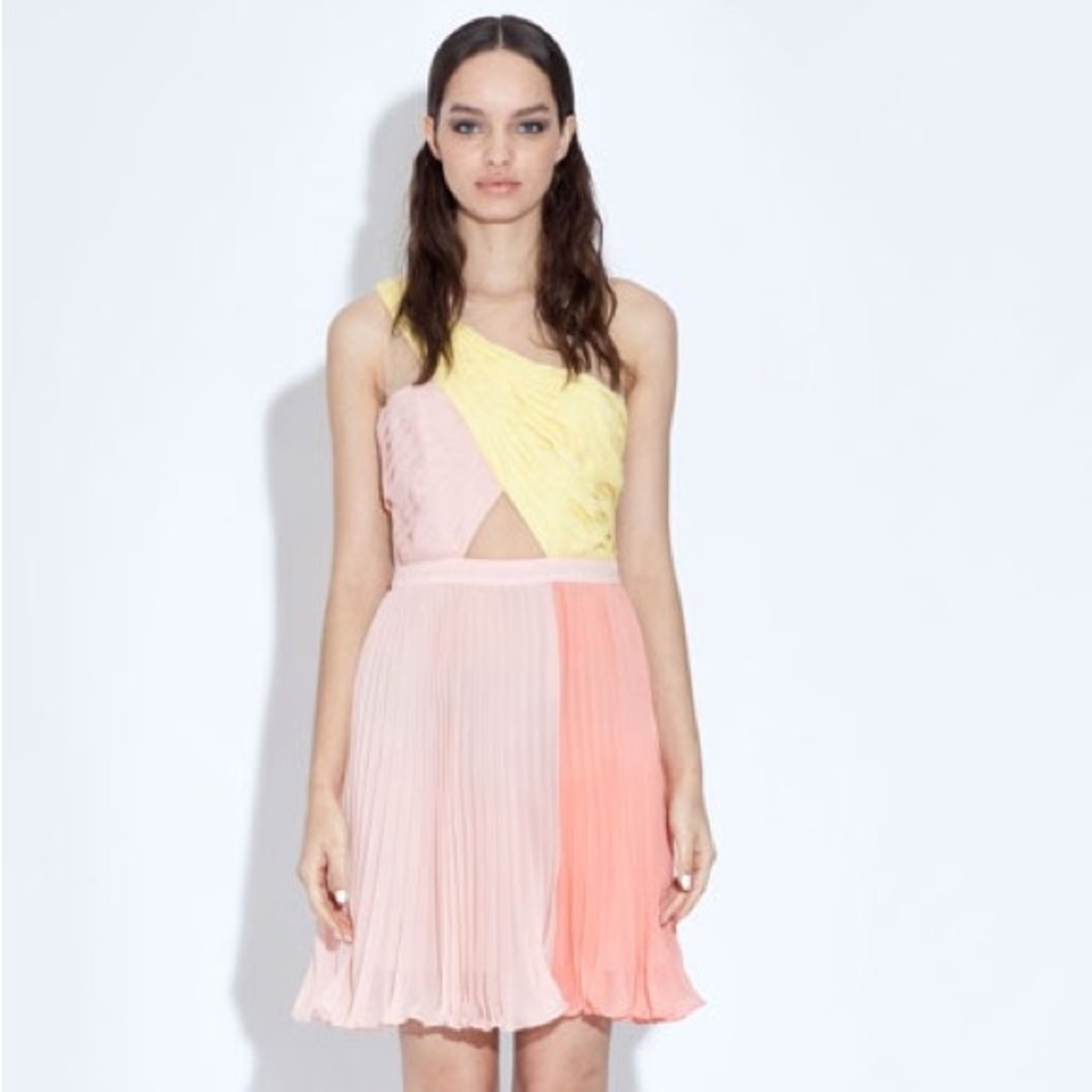 Three floor draped pink yellow open crossed front mini dress women’s UK 8 / us 4